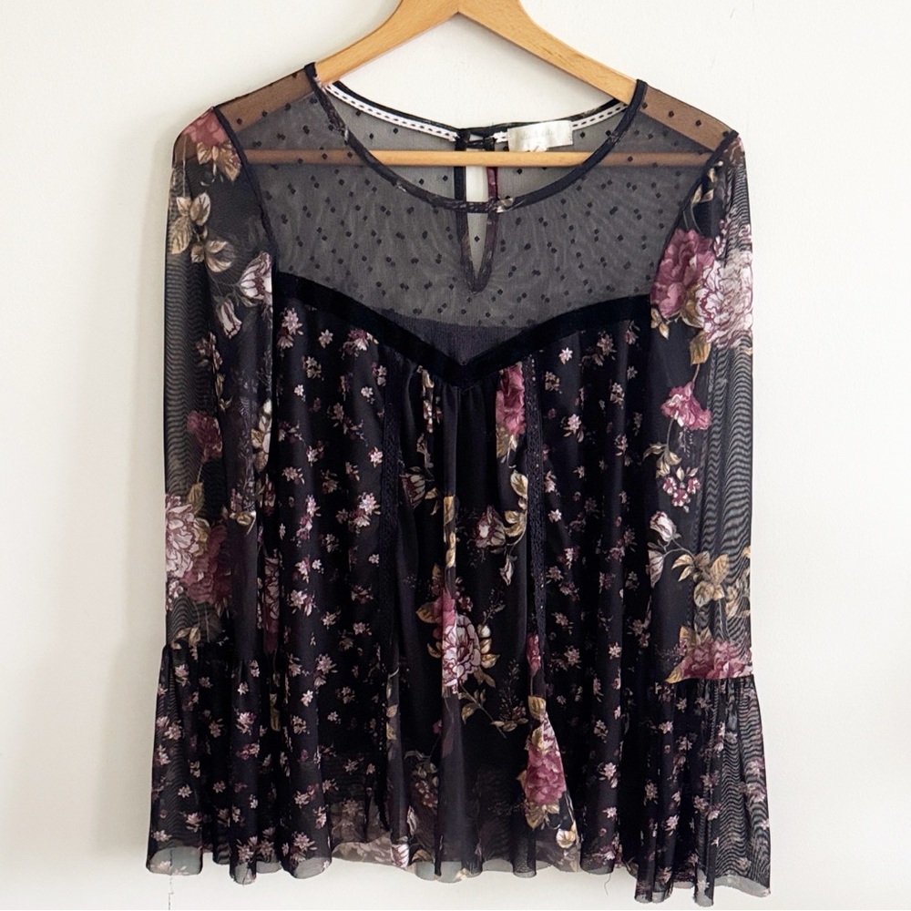 Altard state Whimsygoth blouse with Boho flared sleeves lace Floral design Sz M